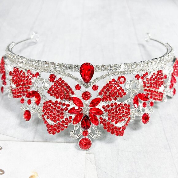 Vintage silver Crown, Red bow tiara, Classic wedding Crown, Crystal Crown Tiara - Picture 7 of 10